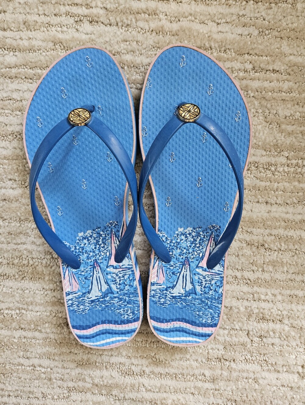 Lilly Pulitzer Blue Pink Sailboat Flip Flop Sandals Size 9/10